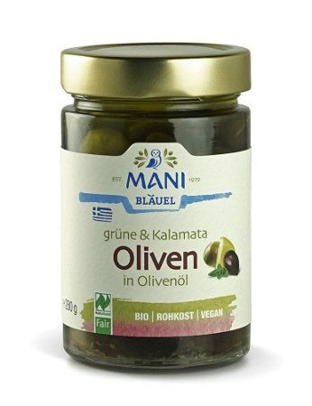 MANI grüne Bio Oliven & Kalamata mit Kräutern